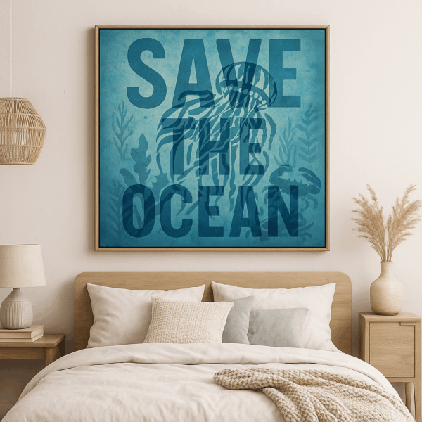 Stor væg med SAVE THE OCEAN tekst og undervandsmotiv lavet med stencils og skabeloner til maling – perfekt til DIY-dekoration.