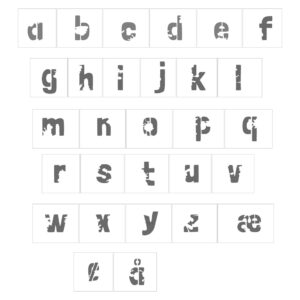 Små bogstaver i rustik stencil-alfabet med æ, ø og å