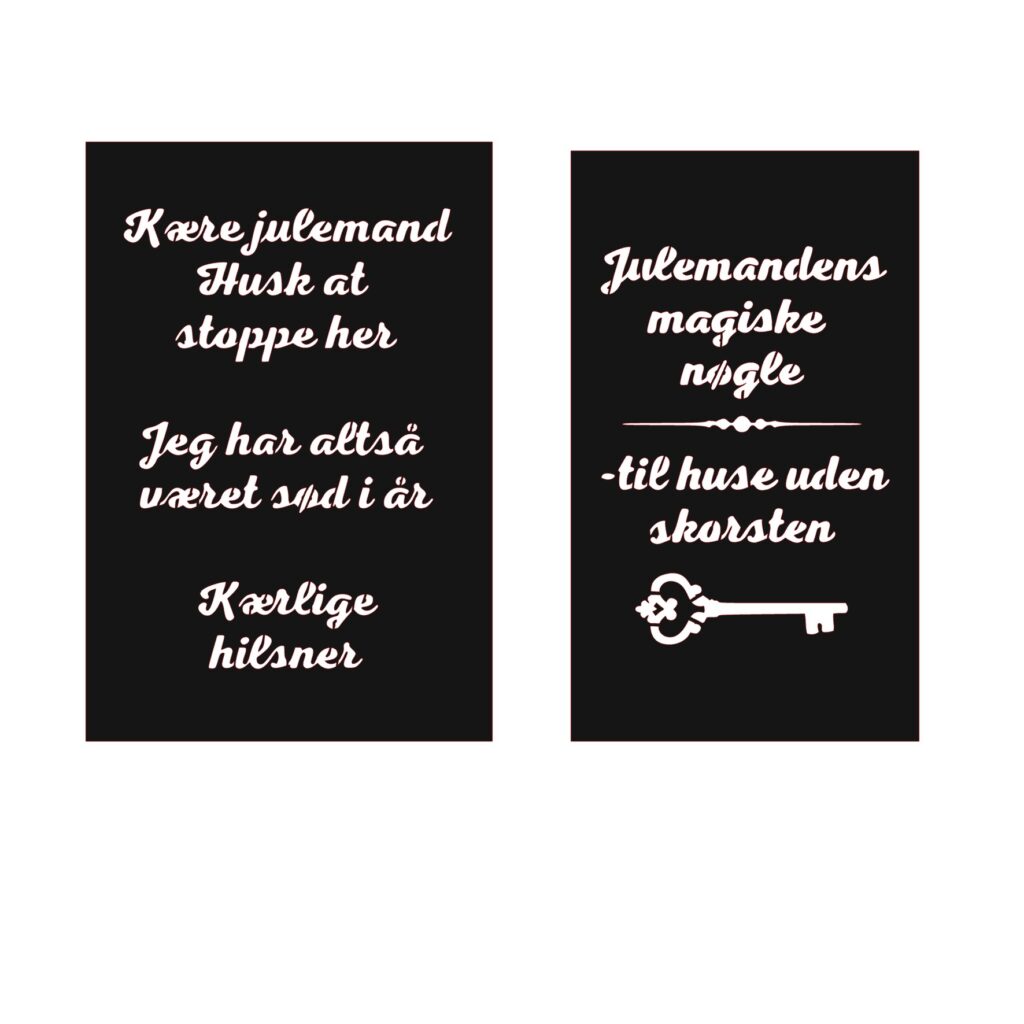 Eksempel på special designede stencils med juletekster og nøglemotiv – skåret i Mylar til kreative juleprojekter