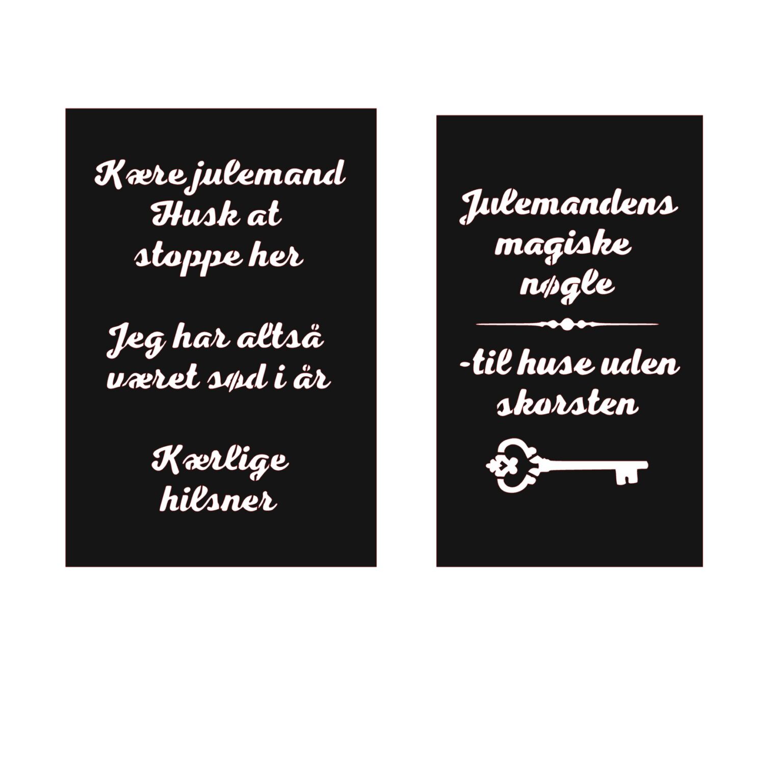 Eksempel på special designede stencils med juletekster og nøglemotiv – skåret i Mylar til kreative juleprojekter