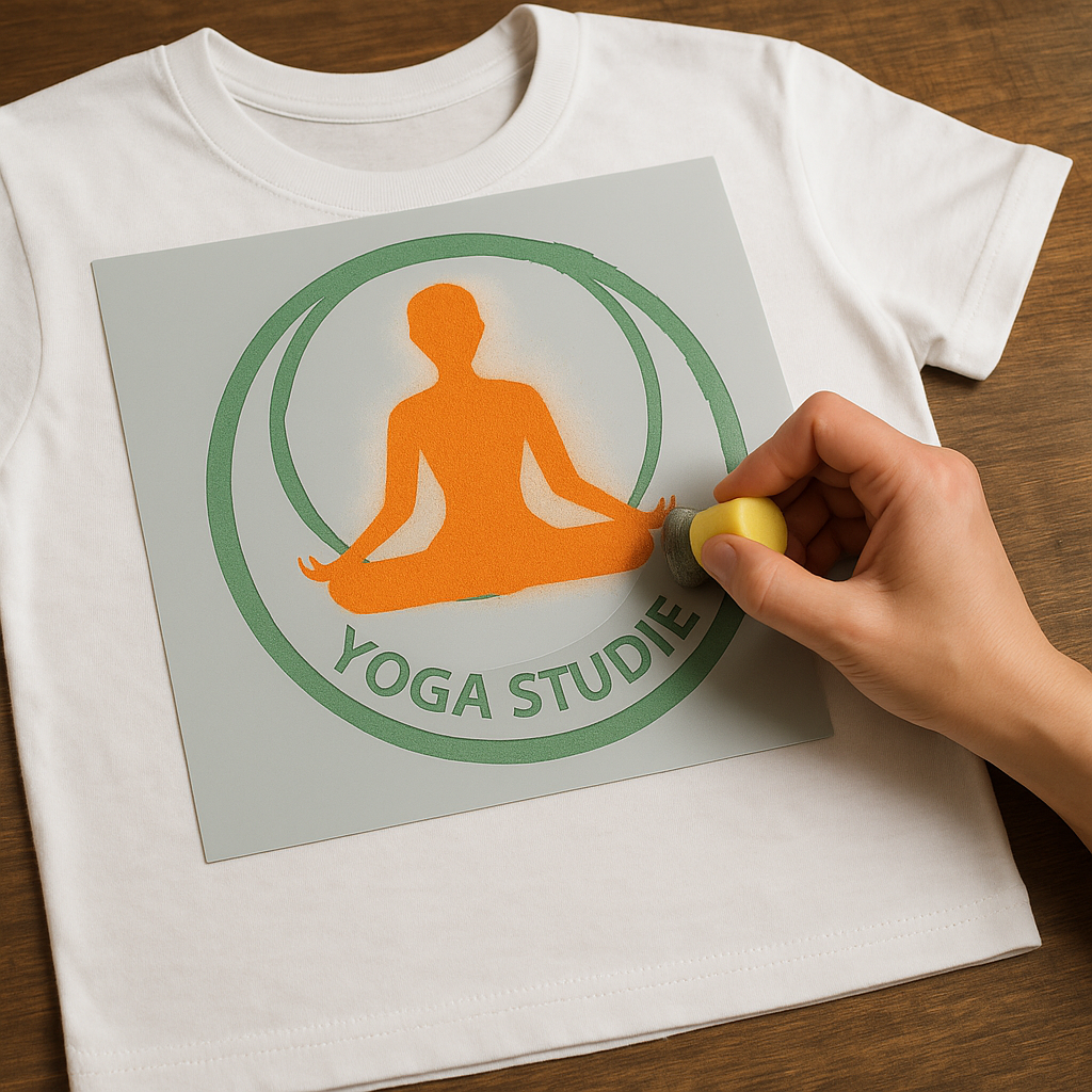 Hånd der maler et yogastudie-logo på en hvid t-shirt med stencil og svamp