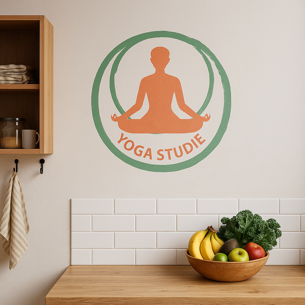 Orange og grønt yogastudie-logo malet med stencil på køkkenvæg over træbord med frugtskål