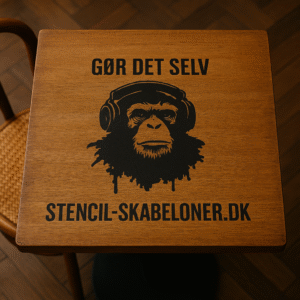 Sort logo med abe i høretelefoner og teksten "Gør det selv – stencil-skabeloner.dk" på et cafebord i træ.