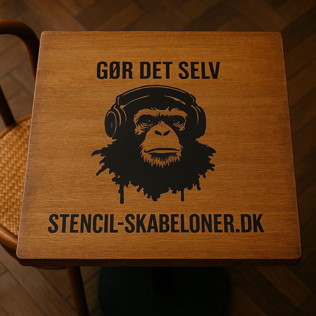 Sort logo med abe i høretelefoner og teksten "Gør det selv – stencil-skabeloner.dk" på et cafebord i træ.