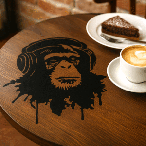 Sort logo med abe i høretelefoner malet på rundt cafebord ved siden af kaffe og kage.