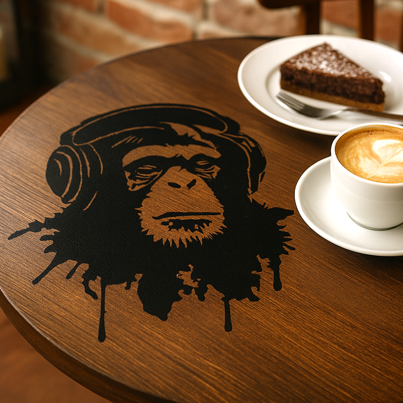 Sort logo med abe i høretelefoner malet på rundt cafebord ved siden af kaffe og kage.