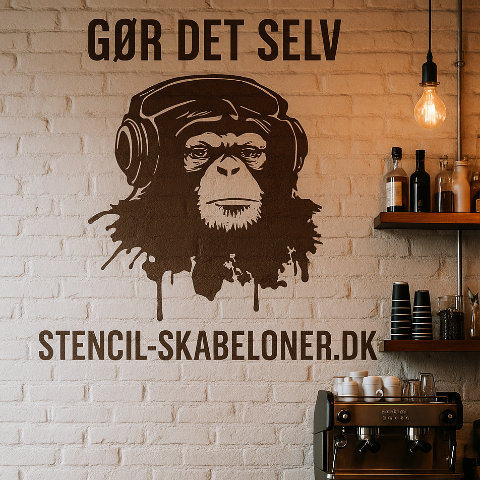 Sort firmalogo med abe i høretelefoner og teksten "Gør det selv – stencil-skabeloner.dk" på cafévæg i mursten.
