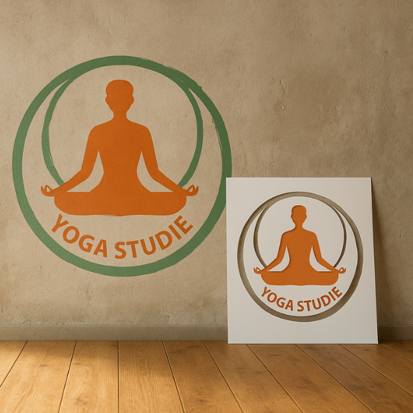 Færdigmalet yogastudie-logo på væg med stencilplade stående ved siden af