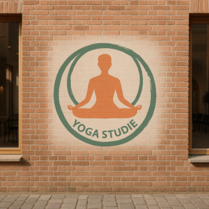 Yogastudie-logo malet med stencil på murstensvæg uden for bygning