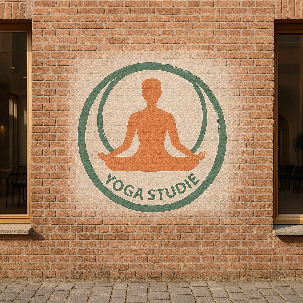 Yogastudie-logo malet med stencil på murstensvæg uden for bygning